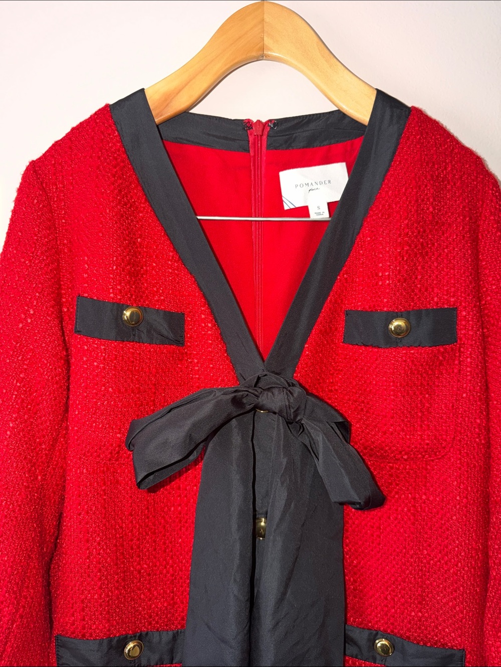 Pomander Place Coco Tweed Bow Dress in Red and Black Gold Buttons Size S - Picture 3 of 6